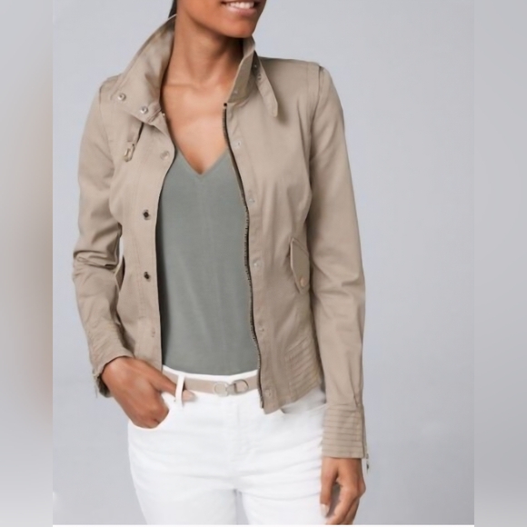 White House Black Market Jackets & Blazers - Taupe Fitted Buckle Collar Utility Jacket from White House Black Market.
